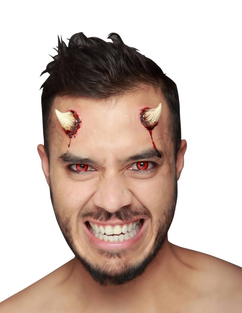 Blutige Teufelshörner-Latexapplikation Dämonenhörner-Applikation 2 Stück rot-weiss von KARNEVAL-MEGASTORE