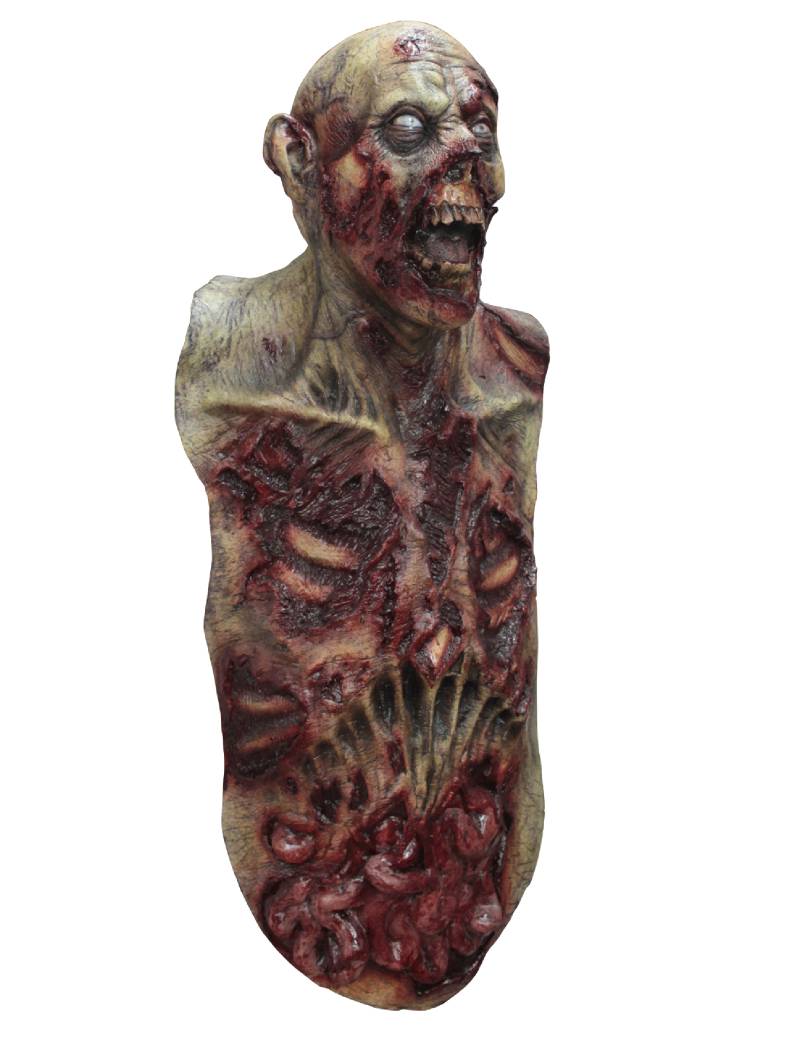 Deluxe Zombie-Maske mit Brustkorb Halloween grau-rot von KARNEVAL-MEGASTORE