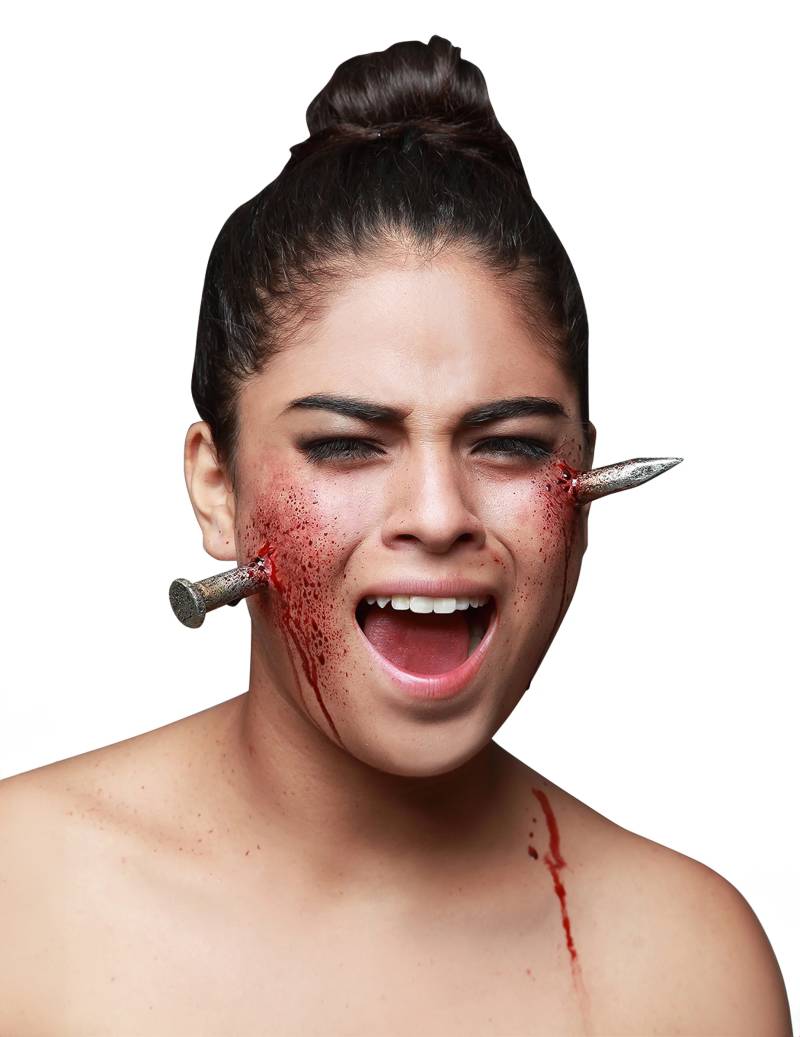 Latexapplikation Nagel im Kopf 2-teilig silber-rot von KARNEVAL-MEGASTORE