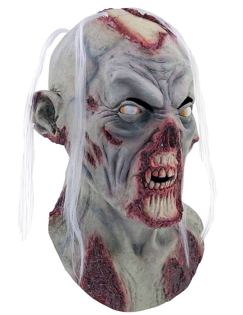 Untoten-Maske mit Haaren Halloween Kostümaccessoire grau-rot von KARNEVAL-MEGASTORE