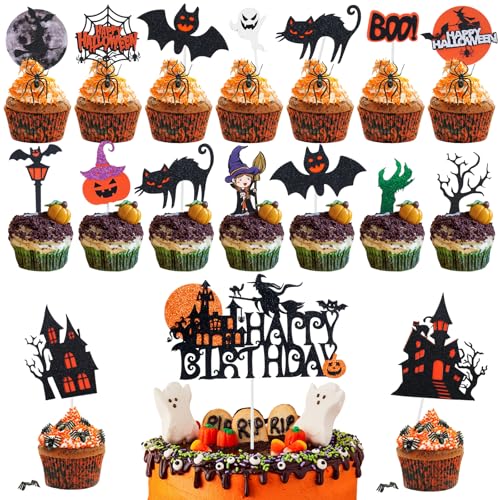 17 Stück Halloween Cupcake Topper, Happy Birthday Halloween Cake Deko, Fledermäuse Kuchen Deko, Glitter Tortendeko Hexe Geburtstag, Muffin Dekoration Kürbis für Urlaubsfeiern, Karneval von GHVACZS