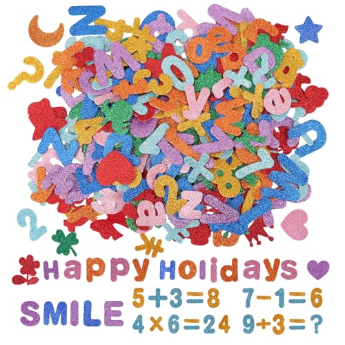 242 Stück Moosgummi Buchstaben Glitzer Aufkleber Selbstklebend, 4,5cm Buchstaben zum Aufkleben mit Zahlen, Flora und Fauna Motive, Klebebuchstaben Glitter Alphabet Sticker für Kinder DIY (8 Farben) von GHVACZS