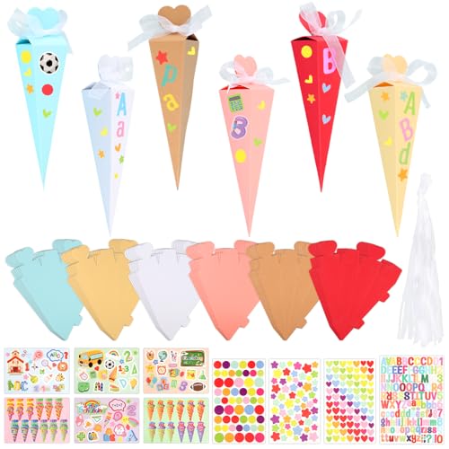 GHVACZS 36 Stück Geschwistertüten, 6 Farben 17cm Schultüte Klein, Geschwister Schultüte Set mit Band und Aufklebern, Kleine Schultüte für die Einschulung und Partys der Kinder GHVACZS 36 Stück Geschwistertüten, 6 Farben 17cm Schultüte Klein, Geschwister Schultüte Set mit Band und Aufklebern, Kleine Schultüte für die Einschulung und Partys der Kinder von GHVACZS