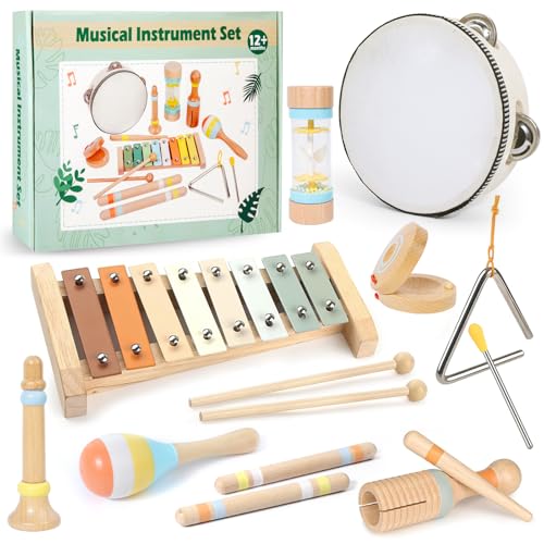 GIBOHOM Musikinstrumente für Kinder ab 1 Jahr, 9 in 1 Montessori Spielzeug Percussion Instrumente Holz mit Trommel Kinder, Xylophon, Baby Musikspielzeug Weihnachts- und Geburtstagsgeschenk für Kinder GIBOHOM Musikinstrumente für Kinder ab 1 Jahr, 9 in 1 Montessori Spielzeug Percussion Instrumente Holz mit Trommel Kinder, Xylophon, Baby Musikspielzeug Weihnachts- und Geburtstagsgeschenk für Kinder von GIBOHOM