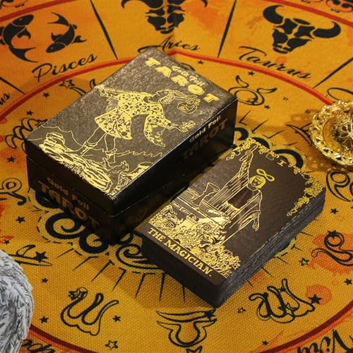 GIBZ Goldfolien Tarotkarten Deck Rider Waite Tarot Cards Set mit Schlüsselwort Box für Einsteiger, Schwarz von GIBZ