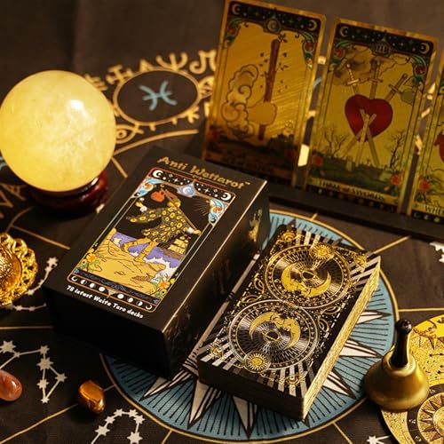 GIBZ Original Glitzer Tarotkarten mit Goldfolie, 78 Teiliges Tarot Cards aus Mattiertem PVC, mit Buntem Buch & Box für Anfänger von GIBZ