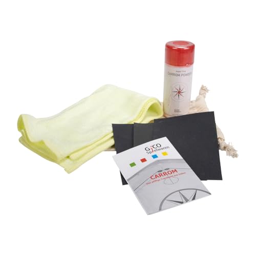 GICO Carrom Pflege Set von Carrom Manufaktur (Mikrofasertuch, Carrom Gleitpulver, Anleitung, Sandpapier, Baumwollbeutel) - 2115 von GICO