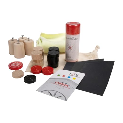GICO Carrom Zubehör Set von Carrom Manufaktur für alle handelsüblichen Boards: Carrom Steine, Striker, Gleitpulver, Pflegeset, Füsschen - 2116 von GICO