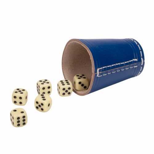 GICO Qualitäts Würfelbecher (echt Leder) Standard (9 cm) BLAU mit 6 Würfeln - 5904 von GICO