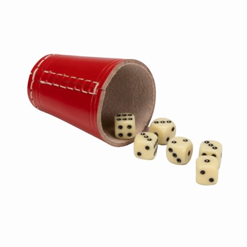 GICO Qualitäts Würfelbecher (echt Leder) Standard (9 cm) ROT mit 6 Würfeln - 5903 von GICO
