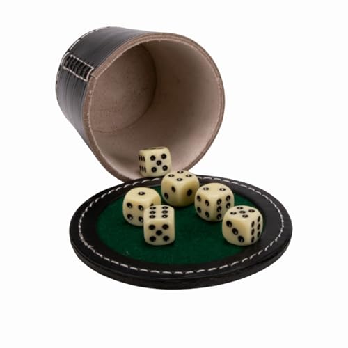 GICO Qualitäts Würfelbecher groß (echt Leder) XL schwarz mit Deckel 12 cm/Würfelteller und 6 Würfeln - 5901 von GICO
