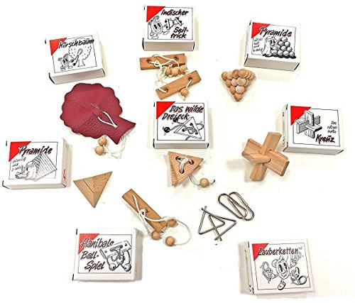 GICO 8 beliebte Knobelspiele Holzpuzzle Geduldspiele im Set, einzeln verpackt mit Lösungsheft - als Geschenk oder für den Adventskalender von GICO