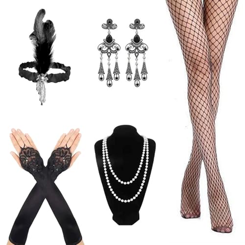 1920er-Jahre Accessoires für Frauen – 7-teiliges Flapper-Zubehör-Set, Perlenkette, Netzstrümpfe und Feder-Stirnband, brüllende 20er-Jahre-Kostüm, Party-Essentials 1920er-Jahre Accessoires für Frauen – 7-teiliges Flapper-Zubehör-Set, Perlenkette, Netzstrümpfe und Feder-Stirnband, brüllende 20er-Jahre-Kostüm, Party-Essentials von GIEEU