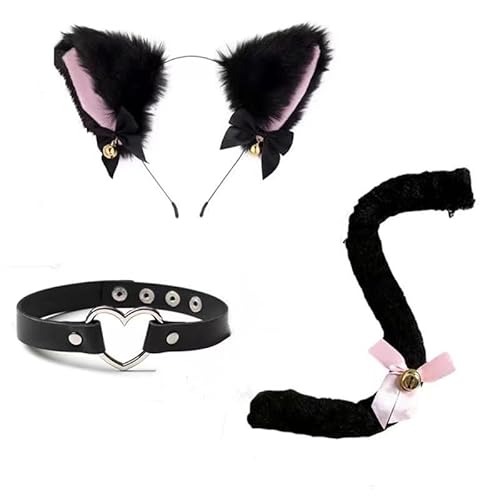 3-teiliges Katzenkostüm-Set, schwarzes Katzenohren-Stirnband mit Glöckchen, verstellbarer Schwanz, Herz-Leder-Halsband, Verkleidung für Damen, Mädchen, Rollenspiel, Party, Halloween, Weihnachtszubehör 3-teiliges Katzenkostüm-Set, schwarzes Katzenohren-Stirnband mit Glöckchen, verstellbarer Schwanz, Herz-Leder-Halsband, Verkleidung für Damen, Mädchen, Rollenspiel, Party, Halloween, Weihnachtszubehör von GIEEU
