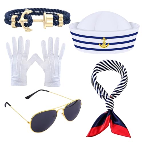5 Stück Kapitän Matrosen Kostüm Set,Streifen Matrosenmütze,Schal,Sonnenbrille,Weißer Handschuh,Anker Armband für Halloween,Cosplay,Verkleidungsparty, für Männer Frauen 5 Stück Kapitän Matrosen Kostüm Set,Streifen Matrosenmütze,Schal,Sonnenbrille,Weißer Handschuh,Anker Armband für Halloween,Cosplay,Verkleidungsparty, für Männer Frauen von GIEEU