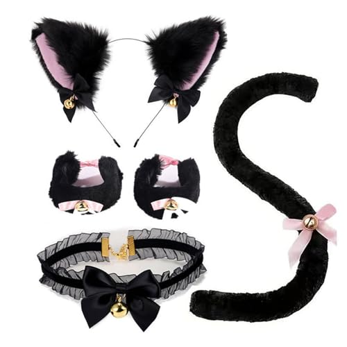 5-teiliges Katzen-Cosplay-Kostüm-Set – schwarzes Katzenohren-Stirnband mit Glöckchen, verstellbarer Schwanz, Handschellen, Verkleidung für Damen, Mädchen, Rollenspiele, Party, Halloween 5-teiliges Katzen-Cosplay-Kostüm-Set – schwarzes Katzenohren-Stirnband mit Glöckchen, verstellbarer Schwanz, Handschellen, Verkleidung für Damen, Mädchen, Rollenspiele, Party, Halloween von GIEEU