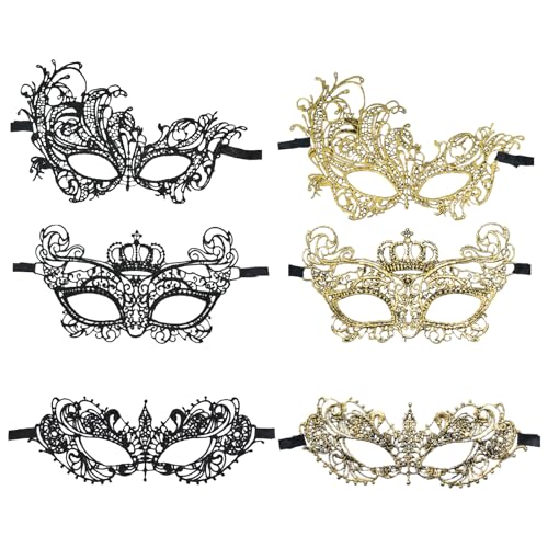6 Stück Maskerade Maske,Damen Spitze Augenmaske,Venezianische Gesichtsmaske für Valentinstag,Halloween,Karnevalsparty,Maskerade Party(Schwarz,Gold) von GIEEU