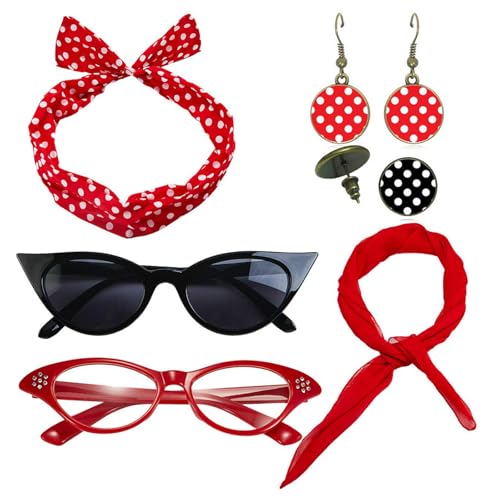 6-teiliges 50er-Jahre-Kostüm, 1950er-Jahre-Kostüm-Set, gepunktet, Bandana, Krawatte, Haarband, Katzenauge, Brille, Ohrringe, 1950er-Jahre-Retro-Party-Dekoration, Fett-Kostüm für Damen von GIEEU
