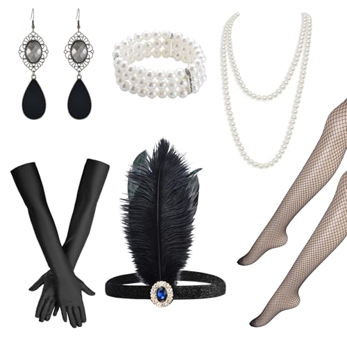 7 Stück 20er Jahre Accessoires, Great Gatsby Accessoires Damen, 20er Jahre Party Kostüm Stirnband, schwarze lange Handschuhe, Kopfbedeckung, Halskette, Netzstrümpfe Set geeignet für Partys 7 Stück 20er Jahre Accessoires, Great Gatsby Accessoires Damen, 20er Jahre Party Kostüm Stirnband, schwarze lange Handschuhe, Kopfbedeckung, Halskette, Netzstrümpfe Set geeignet für Partys von GIEEU