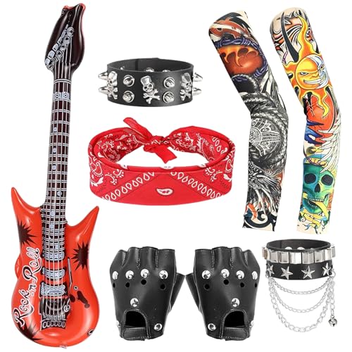 8 Stücke Punk Gotik Rocker Kit, 70er 80er 90er Jahre Schwermetall Rock Kostüm,Rockstar Kostüm Herren mit Ärmeln,Bandana, Handschuhe, Ringe, Armband von GIEEU