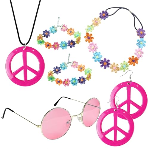 7 Stück Hippie Kostüm Set,60er 70er Jahre Hippie Kostüm Zubehör,Damen Hippie Accessoires mit Vintage Runde Brille,Friedenszeichen-Halskette und Ohrringe,Gänseblümchen Kopfschmuck und Armband 7 Stück Hippie Kostüm Set,60er 70er Jahre Hippie Kostüm Zubehör,Damen Hippie Accessoires mit Vintage Runde Brille,Friedenszeichen-Halskette und Ohrringe,Gänseblümchen Kopfschmuck und Armband von GIEEU