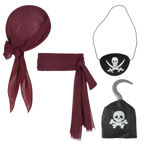GIEEU Piratenkapitän Kostümzubehör 4 Stück – Dieval Renaissance Piraten-Bandana, Kopftuch und Gürtel, verstellbare Augenklappe für Halloween, Cosplay, Piraten-Mottopartys (Erwachsene und Kinder) von GIEEU