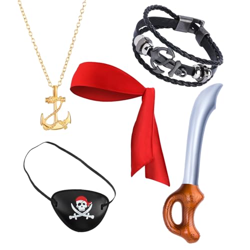 GIEEU Piratenkostüm-Set, Halloween-Piratenkapitän, Zubehör mit Piraten-Augenklappe, Bandana, Halskette, Armband, aufblasbares Messer, 5-teiliges Set GIEEU Piratenkostüm-Set, Halloween-Piratenkapitän, Zubehör mit Piraten-Augenklappe, Bandana, Halskette, Armband, aufblasbares Messer, 5-teiliges Set von GIEEU