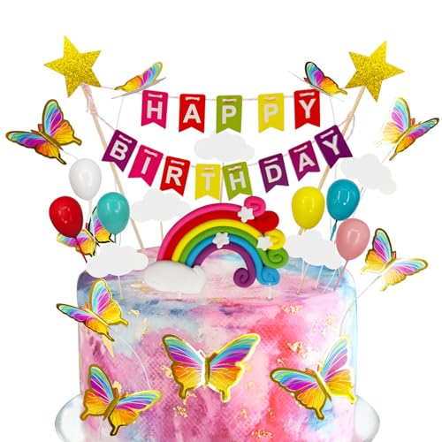 Tortenaufsatz-Set mit Regenbogen-Schmetterlingen, 23-teiliges Geburtstagskuchenaufsatz-Set – DIY einfache lebendige Farben, vielseitig für Kindergeburtstag, Party, Kuchendekoration, Themendekoration von GIEEU