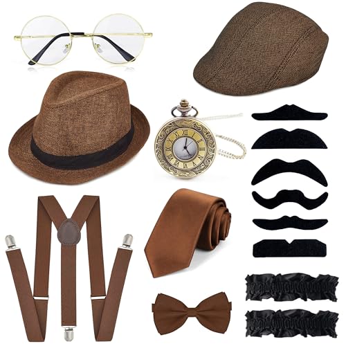 GIFIKOI 1920er Jahre Herren-Kostüm-Zubehör, Outfit, Fedora-Hut, Vintage-Taschenuhr, Fliege, Hosenträger, brüllende 20er-Jahre-Kostüme, Gangster-Kostüme, brüllendes Zubehör für Gatsby-Party, Cosplay GIFIKOI 1920er Jahre Herren-Kostüm-Zubehör, Outfit, Fedora-Hut, Vintage-Taschenuhr, Fliege, Hosenträger, brüllende 20er-Jahre-Kostüme, Gangster-Kostüme, brüllendes Zubehör für Gatsby-Party, Cosplay von GIFIKOI