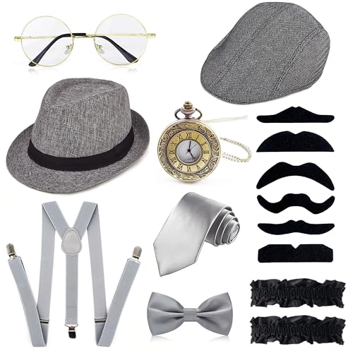 GIFIKOI 1920er Jahre Herren-Kostüm-Zubehör, Outfit, Fedora-Hut, Vintage-Taschenuhr, Fliege, Hosenträger, brüllende 20er-Jahre-Kostüme, Gangster-Kostüme, brüllendes Zubehör für Gatsby-Party, Cosplay GIFIKOI 1920er Jahre Herren-Kostüm-Zubehör, Outfit, Fedora-Hut, Vintage-Taschenuhr, Fliege, Hosenträger, brüllende 20er-Jahre-Kostüme, Gangster-Kostüme, brüllendes Zubehör für Gatsby-Party, Cosplay von GIFIKOI