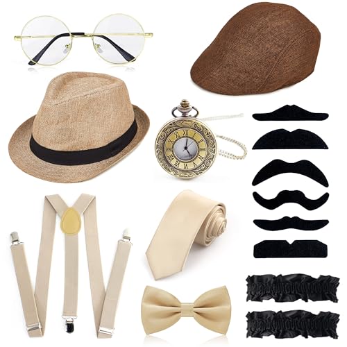 GIFIKOI 1920er-Jahre-Kostüm-Zubehör für Herren, Fedora-Hut, Vintage-Taschenuhr, Fliege, Hosenträger, brüllende 20er-Jahre-Kostüme, Gangster-Kostüme, brüllendes Zubehör für Gatsby-Party, Cosplay, Beige GIFIKOI 1920er-Jahre-Kostüm-Zubehör für Herren, Fedora-Hut, Vintage-Taschenuhr, Fliege, Hosenträger, brüllende 20er-Jahre-Kostüme, Gangster-Kostüme, brüllendes Zubehör für Gatsby-Party, Cosplay, Beige von GIFIKOI