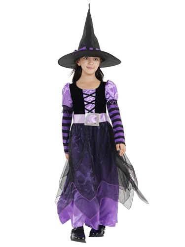 GIFT TOWER 3er Hexenkostüm Mädchen Langarm Hexenkleid Kinder Halloween Kostüm für Halloween Karneval Fasching Cosplay Violett M/Länge 91cm von GIFT TOWER