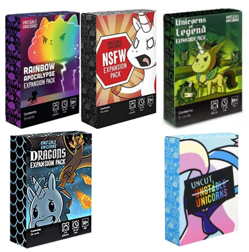 GIGIVE Unstable Unicorns Brettspiel, NSFW-Erweiterung + Dragon + Legend + Uncut + Rainbow Pack. Unstable Unicorn Deck, Strategie-Kartenspiel für Erwachsene (5-teilige Erweiterung) von GIGIVE
