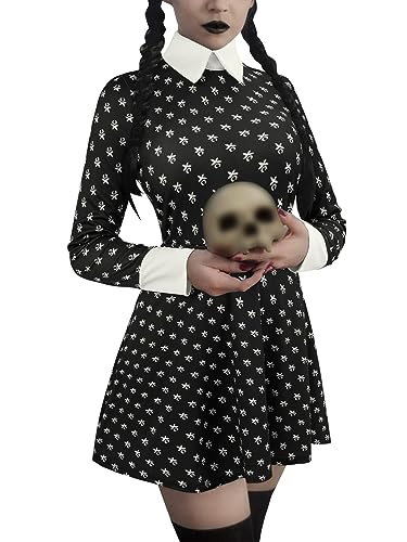 GIKING Halloween Kostüm Addams Familie Kostüm Frauen Erwachsene Mittwoch Kleid Morticia Boden Vintage Kleid, Schwarz (mit Aufdruck), Medium von GIKING