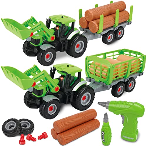 GILOBABY 54 Teile Kinder Traktor Spielzeug, 2 in 1 DIY Montage Bauernhof Spielzeug Set mit Bohrmaschine, Licht und Sound, Lernspiele Kinderspielzeug Geschenk für Jungen Geburtstag ab 3 Jahre von GILOBABY