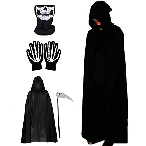 GIMOCOOL Sensenmann Kostüm, Halloween Sensenmann Kostüm mit Sichel, Totenkopf Gesichtsbedeckung, Handschuhen, Party Kleidung mit Kapuzenrobe für Jungen, Mädchen, Erwachsene von GIMOCOOL
