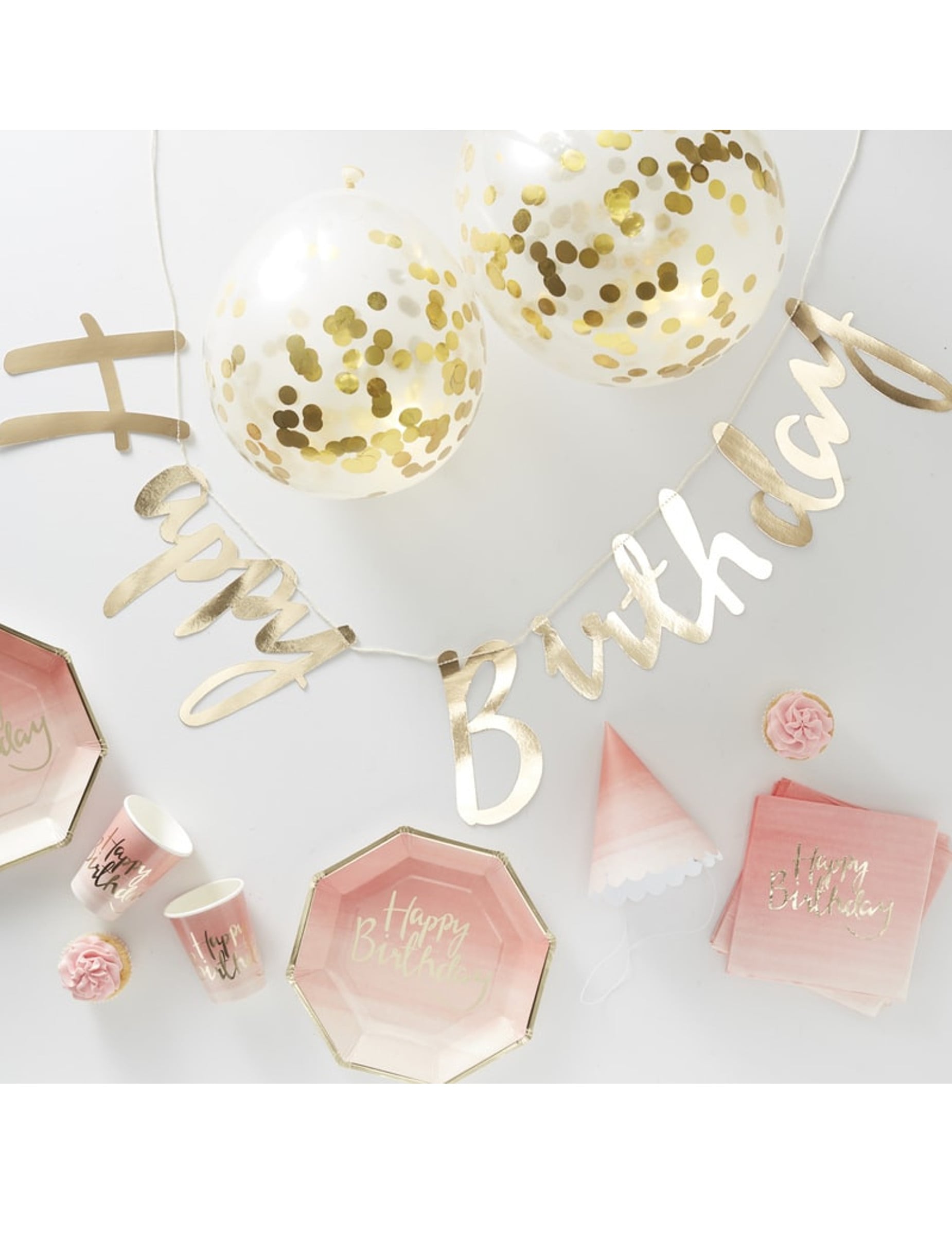 70-teiliges Party-Set Rosa und Gold – Geburtstagsdeko + Geschirr mit Girlande von GINGER RAY