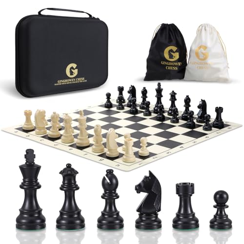 Schachset – 50,8 cm Silikon-Schachbrett-Set, 9,8 cm Kinghöhe gewichtete Stücke mit 2 zusätzlichen Königinn, faltbares Schachbrett, tragbares Reise-Turnierschach mit Tragetasche von GINGHOWEN