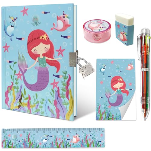 Set Tagebuch Mädchen, Kinder Schreibwaren Geschenkset Enthält Meerjungfrau Tagebuch mit Schloss Notizblock Radiergummi Spitzer Lineal & 6-Farben-Stift für Teenager Junge Notizbuch Geschenke 6-12 Jahre Set Tagebuch Mädchen, Kinder Schreibwaren Geschenkset Enthält Meerjungfrau Tagebuch mit Schloss Notizblock Radiergummi Spitzer Lineal & 6-Farben-Stift für Teenager Junge Notizbuch Geschenke 6-12 Jahre von GINMLYDA