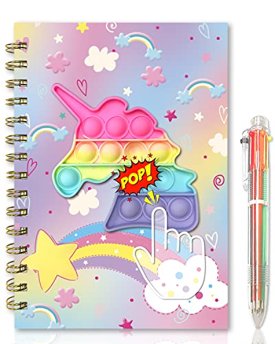 Pop Notizbuch Mädchen, 21 x 14,5 cm 80 Linierte Blätter A5 Spiral-Tagebuch für Kinder Einhorn Fidget Pop Notizbuch mit 6 Mehrfarbigen Kugelschreibern Pop-Spielzeug Geschenke für Mädchen und Jungen von GINMLYDA