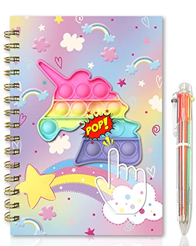 Pop Tagebuch Mädchen, 21x14,5 cm 80 Linierte Blätter A5 Spiral Notizbuch für Kinder Einhorn Fidget Pop Notizbücher mit 6 Mehrfarbigen Kugelschreibern Pop-Spielzeug Geschenke für Mädchen und Jungen von GINMLYDA