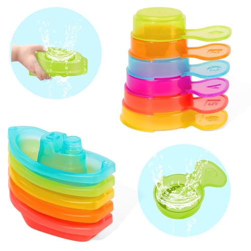 GINNO Badewannenspielzeug für 1 2 3 4 Jahr,11-TLG, Wasserspielzeug Babyspielzeug Spielzeug Kleinkinder, Babyboote farbig Boote und Löffel Duschspielzeug für Jungen Mädchen von GINNO