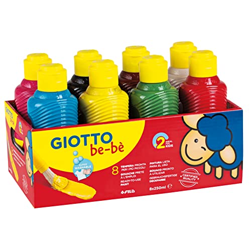 GIOTTO be-bè F532000: Temperafarben-Set für Kinder - 250 ml - mit 8 Farben - direkt malfertig - inklusive Dosierer in der Kappe - abwaschbar, farbig sortiert von GIOTTO be-bè