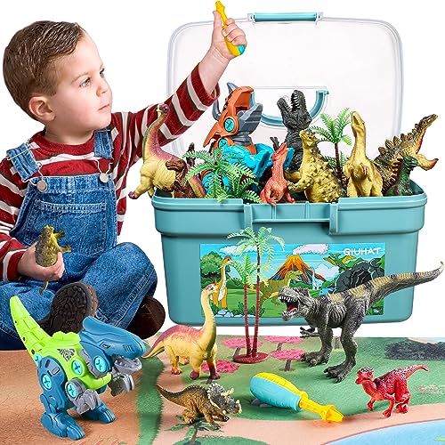 GlUHAT Dinosaurier Spielzeug ab 3 Jahre, Dinosaurier Figuren und Montage Dino Spielzeug, Kinderspielzeug, Geschenk Junge Mädchen, Aufbewahrungskiste & Spielteppich von GIUHAT