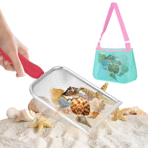 GIUSOBG Strandspielzeug Tasch mit Strand-Netz-Schaufel, kinderschaufel Metall, Wiederverwendbare Muschel Sammeltasche mit Reißverschluss für Jungen und Mädchen Strandspielzeug (Rosa) von GIUSOBG