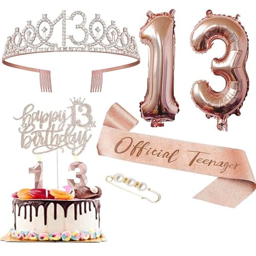 GIVBRO 13. Geburtstag Tiara Strass Krone Geburtstag Schärpe mit Perle Pin 13. Luftballons Kuchen Topper 13. Digitale Kerzen Mädchen Party Supplies von GIVBRO