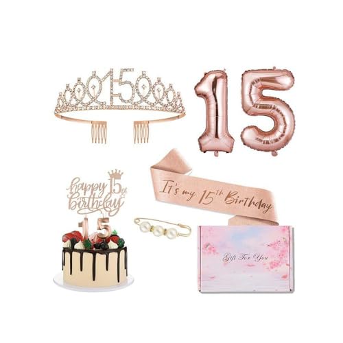 GIVBRO 15. Geburtstag Tiara Strass Krone Geburtstag Schärpe mit Perle Pin 15. Luftballons Kuchen Topper 15. Digitale Kerzen Mädchen Party Supplies von GIVBRO
