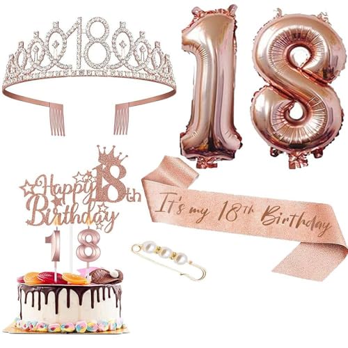 GIVBRO 18 Geburtstag Tiara Strass Krone Geburtstag Schärpe mit Perle Pin 18 Luftballons Kuchen Topper 18. Digitale Kerzen Frauen Party Supplies von GIVBRO