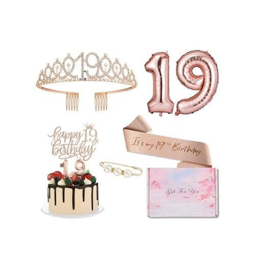 GIVBRO 19 Geburtstag Tiara Strass Krone Geburtstag Schärpe mit Perle Pin 19 Luftballons Kuchen Topper 19 Digital Kerzen Mädchen Party Supplies von GIVBRO
