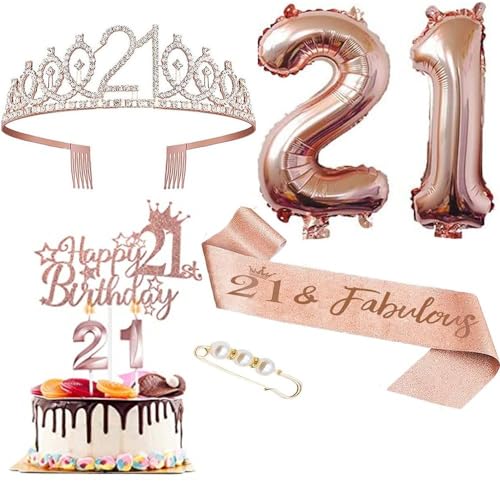 GIVBRO 21. Geburtstag Tiara Strass Krone Geburtstag Schärpe mit Perle Pin 21. Luftballons Kuchen Topper, 21. Digitale Kerzen Frauen Party Supplies von GIVBRO